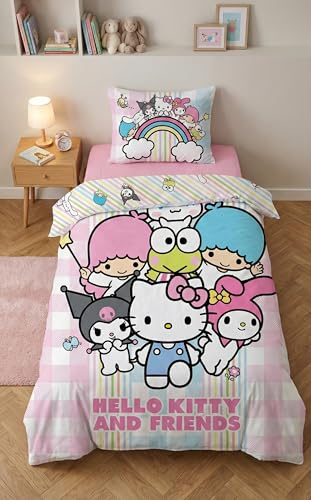 Hello Kitty and Friends Bettwäsche 140x200 + Kissenbezug Kawaii Rosa Blau | Wendebettwäsche Einzelbett | Mikrofaser schnelltrocknend Oeko-Tex | Regenbogenrunde mit Freunden | Sanrio | Kinderzimmer