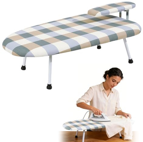Tabla de planchar pequeña, 60 x 37 cm, plegable, con patas antideslizantes y rejilla protectora contra el calor, mini tablas de planchar para el hogar, viajes y oficina en casa (cuadros clásicos)