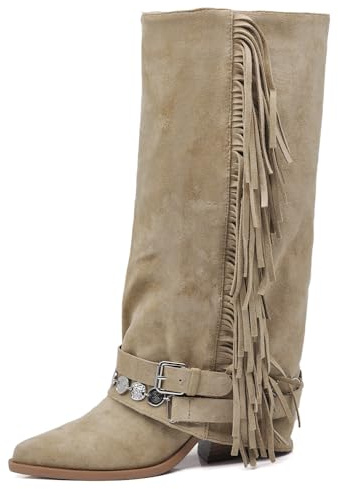 IF Stivali Texani da Donna Cowboy Cowgirl in Camoscio Sintetico con Frange Catene e Fibbie Stile Camperos boho con Ghetta GA057 Beige N.38