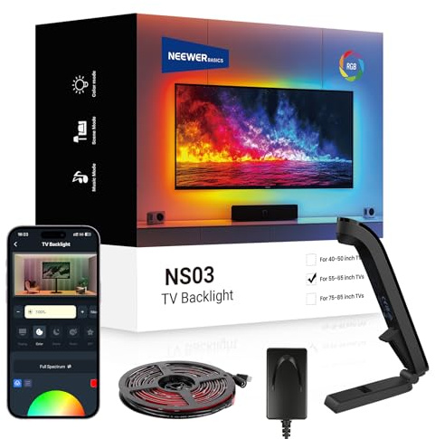 NEEWER Basics NS03 Rétroéclairage TV 55-65,Bande LED RGB 3,6m | Capteur TV,Marche/Arrêt Programmable,Sync Couleur Sans Latence,Sync Musique,24 Effets,Contrôle App