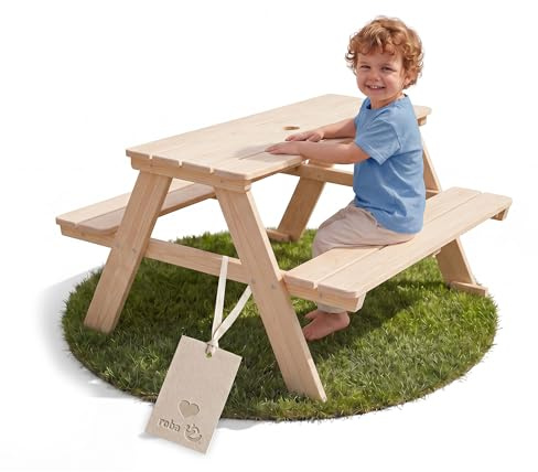 roba Kinder Outdoor+ Sitzgruppe - Picknick for 4 - Garten Sitzgarnitur aus wetterfestem Massivholz - 4 Plätze - Natur unbehandelt