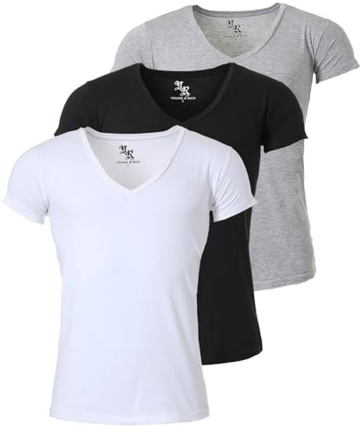 Young & Rich Herren Uni T-Shirt mit extra tiefem V-Ausschnitt Slimfit Stretch Dehnbare Passform einfarbiges Basic Shirt - 3er Pack, Grösse:XXL, Farbe:Weiß/Schwarz/Grau