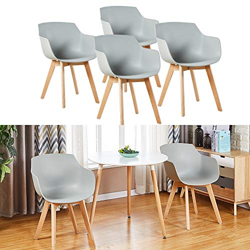 H.J WeDoo 4er-Set Wohnzimmerstuhl Esszimmerstuhl mit Armlehne und Buchenholz Retro Design Stuhl für Büro Lounge Küche Wohnzimmer (Grau)