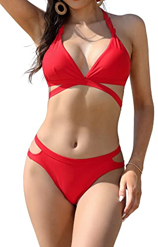 SHEKINI Bikini Set Damen Sexy Verstellbar Neckholder Push up Bikini Oberteil Zweiteiliger Badeanzug Brazilian Triangel Bikinihose (Klein, Rot)