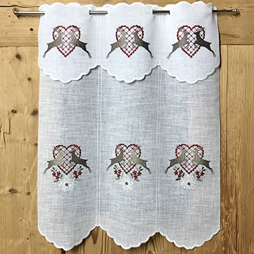 Gaidra Scheibengardine auf Maß transparent im Tirol alpinen Landhaus Stil, Hirsch Motiv mit Herz – 6357, Farbe rot, 48x90cm BxH
