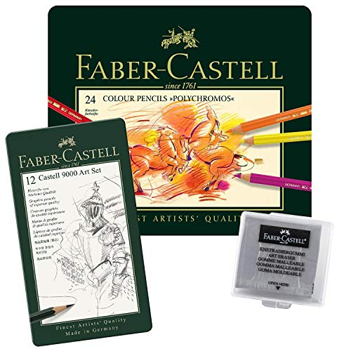 Faber-Castell 110024 - Künstlerfarbstift, 24 Polychromos Metalletui (24er Metalletui | Radierer | BS Castell 9000)