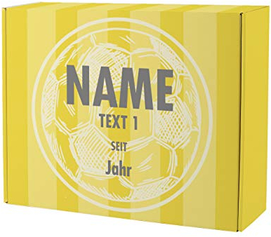 Herz & Heim® Fußball Geschenk-Verpackung - 28 cm x 35,5 cm x 10 cm (B/H/T) - mit Ihren Namen und Wunschtext bedruckt Gelb