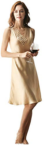 LEIQIA 100% Soie Chemise de Nuit en Soie Sexy col en V Court Slip Complet en Soie Chemise de Nuit Chemise de Nuit en Laine avec liseuse et Bordure en Dentelle pour Femmes Champagne S