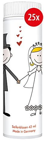 PUSTEFIX Seifenblasen Set I 25 x Klassik 42ml Hochzeit Comic I Bunte Hochzeits-Bubbles Made in Germany I Seifenblasen für Hochzeit, Standesamt, Polterabend, Kinder-Geburtstag I 25 x 42 ml Vorteilspack