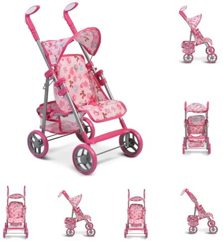 Moni Puppenwagen Flower Garden verstellbare Rückenlehne und Griffe klappbar Korb pink