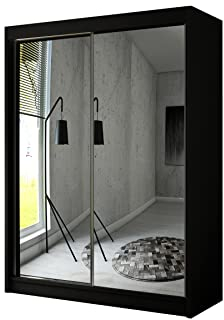 ALTDECOR Kleiderschrank mit Spiegel und Schiebetüren, kugelgelagerte Führungsschienen und Aluminium-Leisten, LED-Beleuchtung (weiß + 16 Farben) und Fernbedienung - AMOHA - 200cm Schwarz