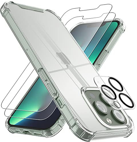4youquality 4-in-1 Case for iPhone 13 Pro with [2-Pack Tempered Glass Screen Protectors + 1-Pack Camera Lens Protector], Airbag Protection, Transparent Clear Bumper