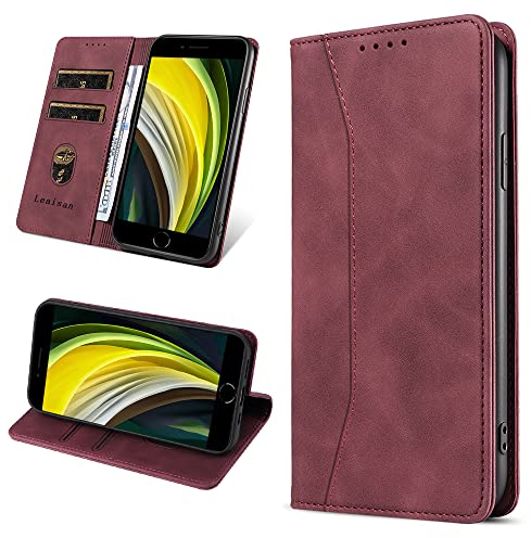 Leaisan Handyhülle für iPhone SE 2022/iPhone SE 2020 Hülle, iPhone 8/iPhone 7 Hülle, Premium Leder Flip Klappbare Stoßfeste Magnetische [Standfunktion] [Kartenfächern] Schutzhülle Tasche - Wein Rot