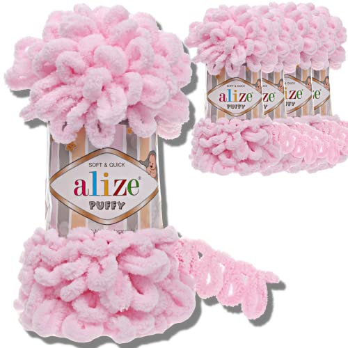 Alize 5x 100g Puffy türkische Wolle Super Bulky Chenillegarn Kuschelweich Babywolle Handstrickgarn zum häkeln weiches Chenille-Garn XXL-Knäuel für Amigurumi (Baby Pink | 31)