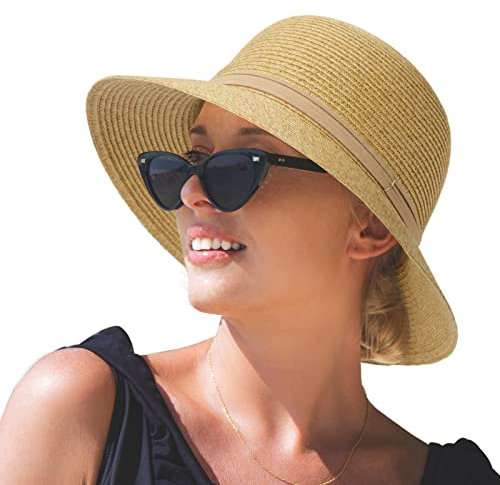 Comhats Chapeaux de soleil pour femme, chapeau de paille de plage pour femme, chapeau d'été UPF 50 à large bord, pliable, 93578_kaki, M