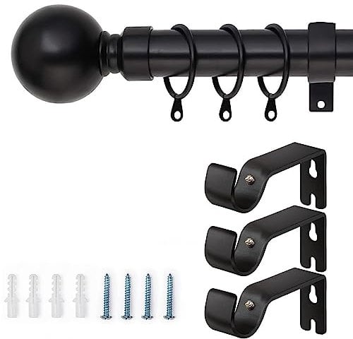 AMEHA Curtain Poles Plain Metal Ball Extendable Curtain Pole Includes Adjustable Curtain Rod, 60 mm Finials, Rings, Brackets and Fitting Set (160-300cm, 63 Inch-118 Inch, Matte Black)