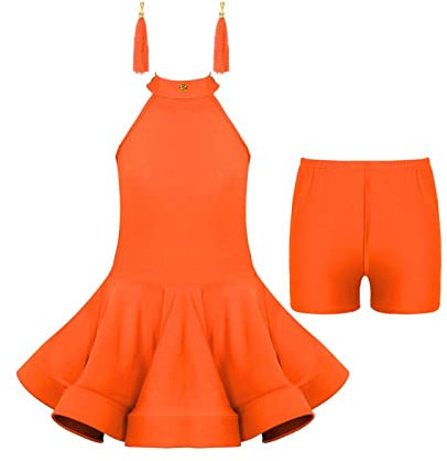 iEFiEL Mädchen Quasten tanzkleid latein Salsa Bauchtanz Outfit Tanzkostüm Crop Top+Rock+Ohrringen+Armstulpen Wettbewerb Pailletten Kleider X Orange 122-128