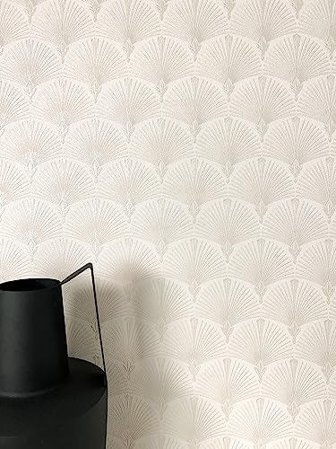 NEWROOM Tapete Weiß Vliestapete Fächer - Mustertapete Modern Creme Beige Ornamente Glänzend Retro Vintage Vintage Orientalisch inkl. Tapezier-Ratgeber