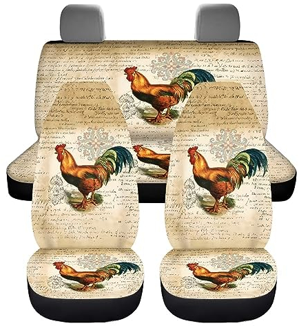 ZIATUBLES Autositzbezug mit Retro-Huhn-Motiv, vollständiges Set, Vordersitzbezug & geteilte Bankbezug, Auto-Sitzbezüge, Airbag-kompatibel, universelle Passform