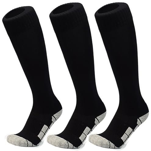 Lanjue 3 Pairs Kids Football Socks - Black Knee High Boys Socks for Sport, Training, Hockey & Rugby