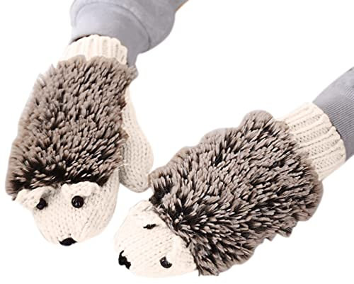2024 AI – Warme Handschuhe aus Baumwolle, Winter, dick, Fleece, Cartoon, Igel, gestrickte Handschuhe, kompatibel mit Motorrad, Damen, Größe M (Weiß, One Size)