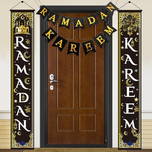 Bluelves Ramadan Dekoration Banner,Eid Mubarak Hintergrund Banner,Ramadan Kareem Haustür Wimpelkette Couplet,Mubarak Hängendes Schild für Islamische Muslim Ramadan Indoor Outdoor Deko Partyzubehör