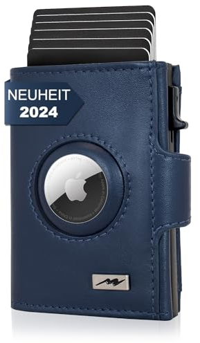 Marc Peter® Chicago Leder Push Air Slim Wallet - Airtag Geldbörse mit Münzfach - RFID Schutz kleines Mini Portmonee Leder Blau XL MÜNZFACH