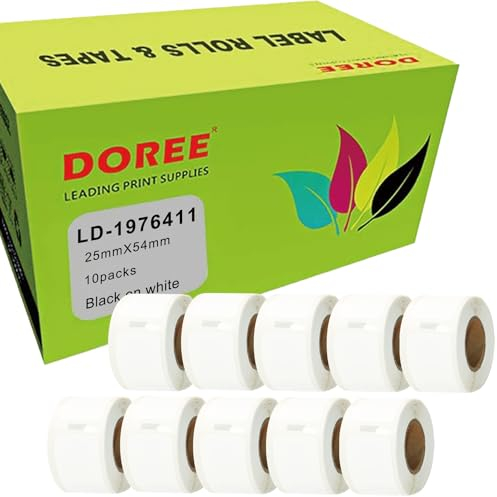 Doree Etikettenrolle 1976411, 25mm x 54mm (jede Rolle enthält 160 einzelne Etiketten), kompatibel mit Dymo LabelWriter 4XL, 450, 450 Twin Turbo. 10 Rollen.