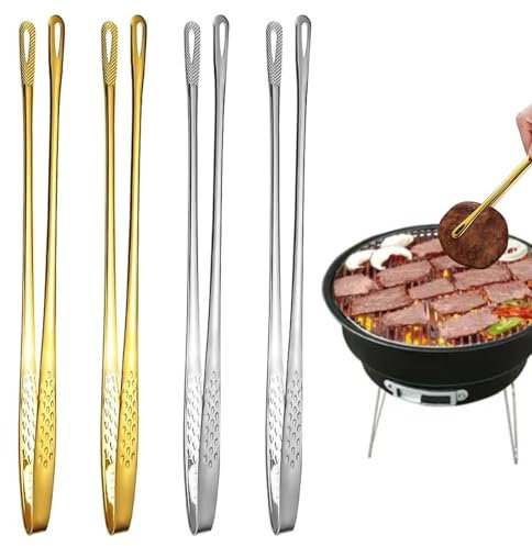 KitchenTong 4 Packs Stainless Steel Kitchen Tongs Set, 2 Gold & 2 Silver Cooking Tongs, BBQ Tongs, Small Tongs, Heat Resistant Food Tongs for Barbecue, Grill, Buffet, Salad & More