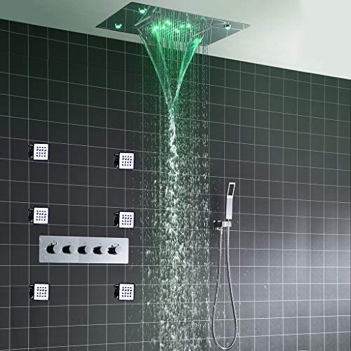 CLLBANT Kits de Ducha, Cabezal de Ducha LED, termostático multifunción, Juego de Ducha de baño con rociador Lateral de Masaje en Cascada de Lluvia de Acero Inoxidable 304