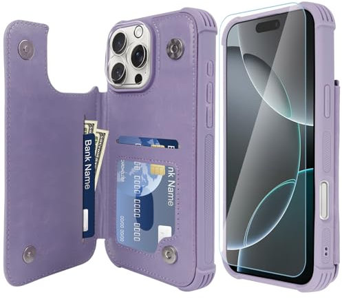 VANAVAGY Compatible for iPhone 16 Pro Wallet Case with Credit Card Holder,Rfid Leather Flip Folio Phone Cover Fits Magnetic Car Mount and Stand with Screen Camera Protector,Clove Purple