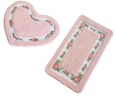 Badezimmer Bodenmatte 2-teilig Badezimmer Saugfähige Fußmatte Set Schnelltrocknende Matte WC Rutschfester Teppich Matte Herzförmige und Rechteckige Badematte (2 Stück, Rosa