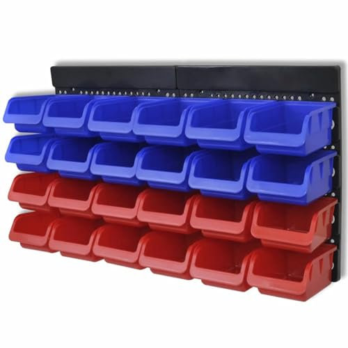 Iiaky 2 pcs Blue & Red Wall Mounted Garage Tool Organiser-Wall Mounted Storage Bins Backboard DIY Stackable Workshop Storage for Tools Hardwares Crafts Plastic Bin Panel Rack with Screws for Tool Shed