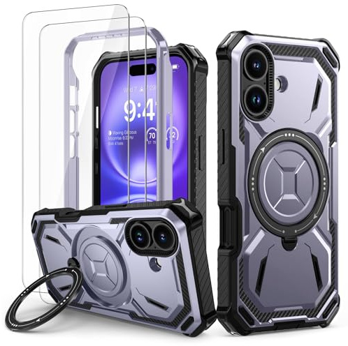 Lanhiem Cover per iPhone 16, 14FT Antiurto, 360° Supporto, Magnetica, Viola | con 2 Vetro Temperato, Militare Rugged Armor Protezione Completa del Corpo, Resistente Custodia per iPhone 16
