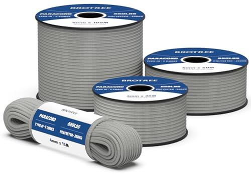 Brotree 550 Paracord 4mm 15m Cuerda Paracaidas 100% Poliéster Tipo III 7 Hebras para Al Aire Libre, Exterior, Supervivencia - Gris