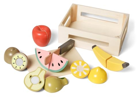 Hooga Wooden Cutting Play Food Set with Crate, Pretend Fruit, 9 Piece | Wooden Cutting Fruits, Chopping Board, Toy Knife and Pretend Food Pieces for Kitchen Role Play, Ages 3+
