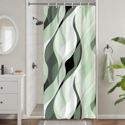 Uiiooazy Tenda Doccia Verde Salvia, Tenda da Doccia Astratta Geometrica Banda Linee Tenda per Doccia Antimuffa Impermeabile Tessuto in Poliestere Lavabile Tenda Vasca da Bagno con 6 Ganci 90x180cm