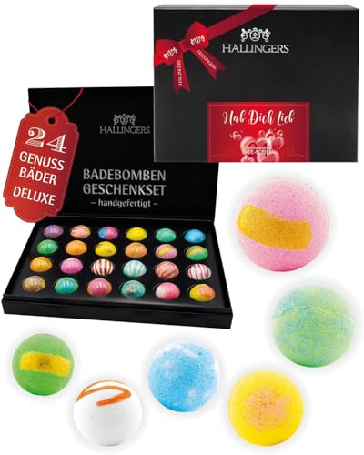 Hallingers Genuss Manufaktur Badebomben Valentinstagsgeschenk-Set - 24x Badekugeln Bath Bombs in edler Geschenkbox, Frauen Badeperlen-Wellness & Spa Hab Dich Lieb, Valentintstag für Frauen Männer