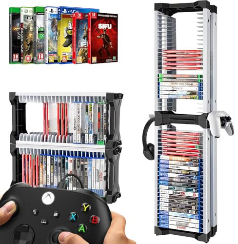 Niciksty Spiele Storage Tower für PS5, Video Spiel Disc Regal für PS4, Xbox Series X, Switch Games und Blu-Ray Disks, Halten 46 Stück Game Discs, Inklusive 2 Headset Halterungen