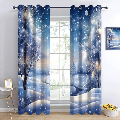 YNIOFU Thermal Verdunkelungsvorhänge Winter Weihnachten Nacht Wald Schneeflocken Schlafzimmer Gardinen Blickdicht Bedruckte Ösen, Kinderzimmer Geräuschreduzierende Vorhänge B 70x H 160cm x2