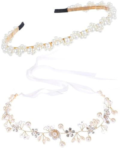 SCJJZ 2 pcs Haarreif Kommunion Mädchen,Prinzessin Blumenkranz Haar,haarschmuck kommunion,Weiße Perlen Haarreif Kopfbedeckung,Blumen Haarkranz mit Band,Passend für Braut Frauen,Schleier Braut Frauen