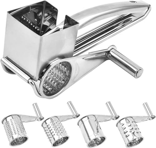 Alleshelfer Käsereibe mit Kurbel, Käsereibe Edelstahl Kurbel, Reibe für Gemüse mit Trommelblättern, Gemüsereibe Kurbel für Hartkäse, Käseschredder für Käse, Gemüse, Schokolad, Obst, Nüsse (Silber-2)