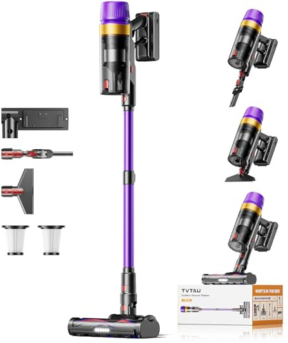 TVTAU Staubsauger Kabellos 75Min/620W/55KPa, 1,8L Beutellos Akku Staubsauger mit Display, Selbststehend, Anti-Tangle, Wandladestation, für Tierhaare/Teppiche/Hartböden/Auto