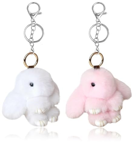 2PCS Adorable Porte-clés Lapin en Pluh,Clés En Fausse Fourrure Porte Clés Mignon En Peluche Lapin Porte,Décoration de Pompon en Peluche