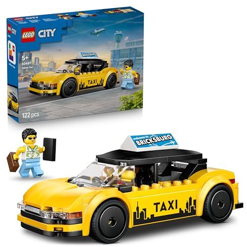 LEGO City Yellow Taxi Cab Toy - EV Car Model Kit w/ 2 Minifigures & Removable Roof - Fine Motor Skills Set - Small Birthday Gift Idea for 5+ Year Old Boys - 60487