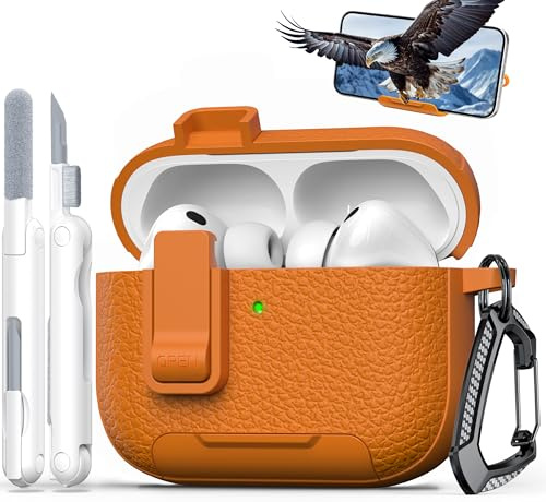 RFUNGUANGO AirPods Pro 3 Hülle, Leder Reinigungsset Karabiner, Orange | Leder-Schutzhülle mit Sicherheitsverschluss, Karabiner, Handyhalter & Reinigungsset passend für AirPods Pro 3