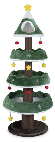 GYMAX Multi-level Cat Tree, 179cm Christmas Tree Shape Kitty Tower with Plush Perch, 3 Platforms, Scratching Posts & Hanging Toys, Indoor Cat Activity Center Festival Decoration