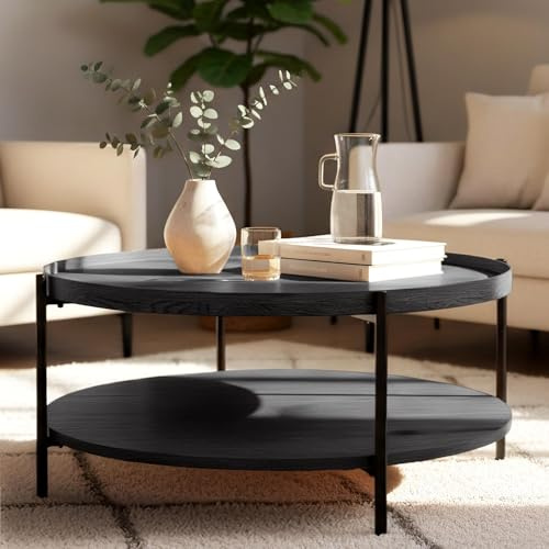 CLP Couchtisch rund Holz Corbitan, Sofatisch 2 Ebenen mit Stauraum, Beistelltisch klein Metallgestell schwarz Farbe grau Größe Ø 80 cm
