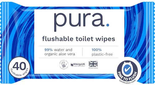 Pura Flushable Moist Toilet Tissue Wipes, 12 Pack of 40 Wet Wipes, 100% Plastic Free, 99% Water Clean Washlets, Certified ‘Fine to Flush’ Biodegradable, Compostable, Vegan, Gentle Clean