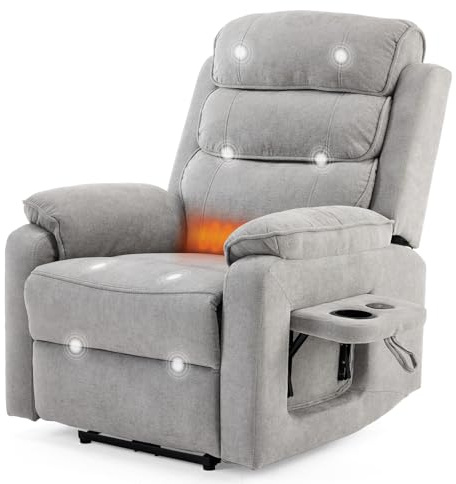 Bonnlo Electric Recliner Chair with Massage & Heat, Extended Footrest Armchair Thick Padded Seat Adjustable Legrest, USB and Type-C, Cup Holder,for Elderly, Adult, Chenille, Dark Grey (Light Grey)